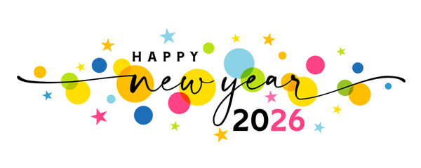 Happy new year 2026 greetings banner with swirl ribbon and colored stars. Colorful decorative graphic logo, holiday design for greeting cards or invitations