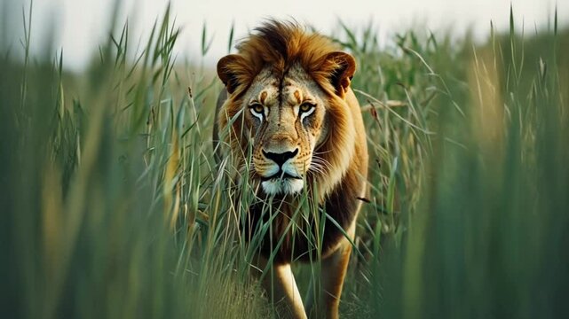Lion in golden grass in Africa. African lion in savanna , with beautiful evening light. Wildlife scene from nature. Animal in Africa.