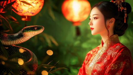 Chinese new year (Snake year) theme. A woman in a red dress gazes at a snake amidst glowing lanterns in a vibrant setting.