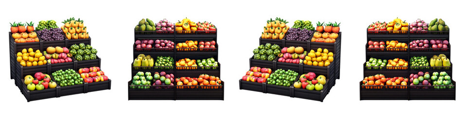Four rows of fruit and vegetables are displayed in a store