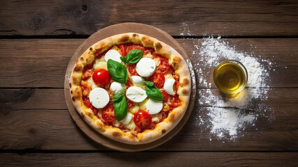 a pizza with cheese and basil on a wooden surface
