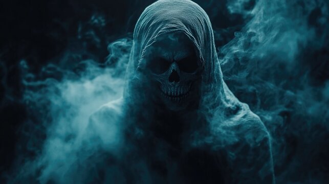 Person in hooded cloak in smoky atmosphere