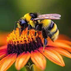 Macro shot of a bee on a vibrant orange flower during pollination