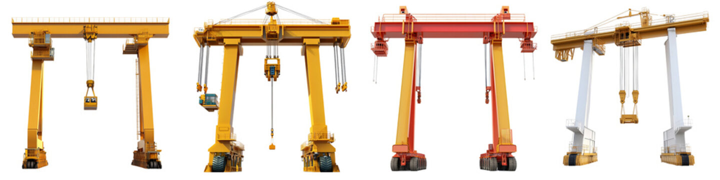 Four cranes of different sizes and colors