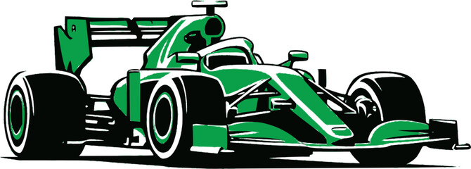 Front isometric view of a green formula 1 car vector icon isolated on a transparent background.