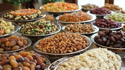 Kurma, Dates Fruit, Dried Fruits and Nuts Displayed in Traditional Bowls for Healthy Snacking