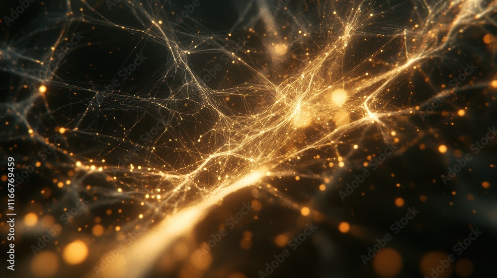 Poster intricate lines and dots creating a glowing abstract network on a dark background, symbolizing conne