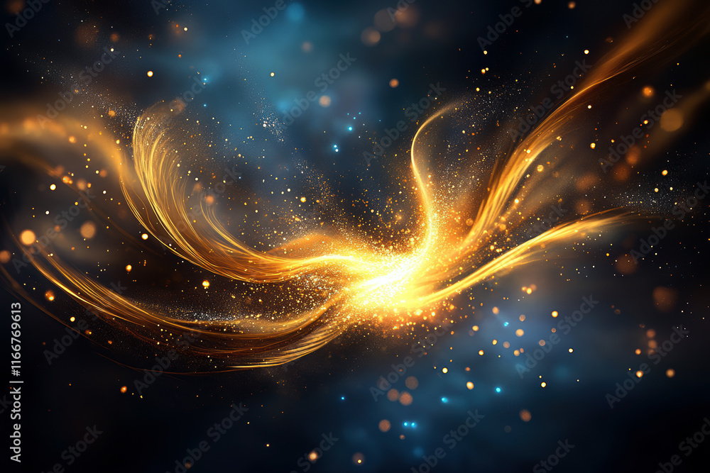 Poster a mesmerizing swirl of golden light and sparkling particles radiates energy, creating a stunning vis