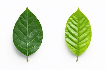 Obraz premium Two Distinct Leaves Displaying Varied Colors and Textures on a White Background