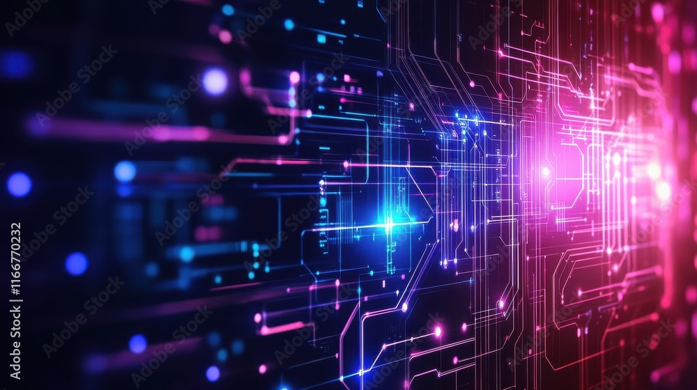 Poster abstract digital background with glowing neon lines and cyberpunk elements