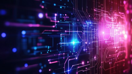 Abstract digital background with glowing neon lines and cyberpunk elements