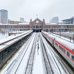 Naklejka premium DENVER, COLORADO - MARCH 13, 2019: Trains at Union Station in winter weather. The central portion of the station was completed in 1914. 