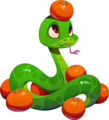 Cute cartoon green snake character with a playful expression, and scatter mandarin fruits with a one lying on its head, symbol of wealth, prosperity and good luck for the 2025 Chinese Lunar New Year