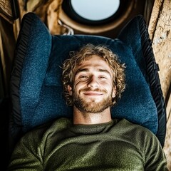 Obraz premium Happy Young Man Relaxing Smiling Travel Adventure Joyful Expression