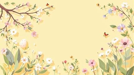 Flat Spring Bird Nest Illustration with Floral Background for Web Banner Flyer and Wallpaper