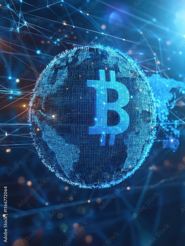 Poster blockchain technology futuristic hud background with world globe and blockchain polygon peer to peer