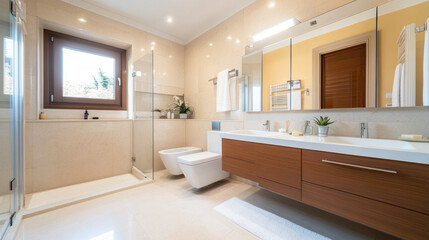 Fototapeta premium Large comfort Luxury Bathroom with Shower, Toilet and yellow accent