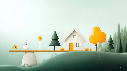 Balancing finances mortgage management home ownership infographic tranquil landscape aerial view financial literacy