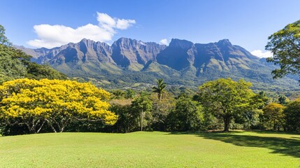 Obraz premium Breathtaking View of Mountains with Lush Green Landscape Under Clear Blue Sky