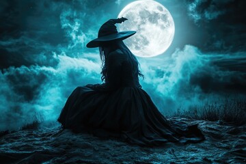 Witch sitting on hill at full moon