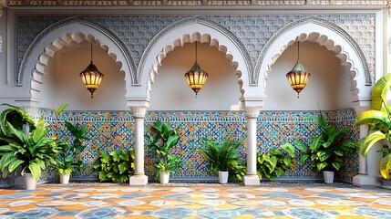 Elegant moroccan courtyard arched architecture and calm ambiance