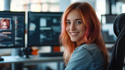 Woman at desk with dual screens