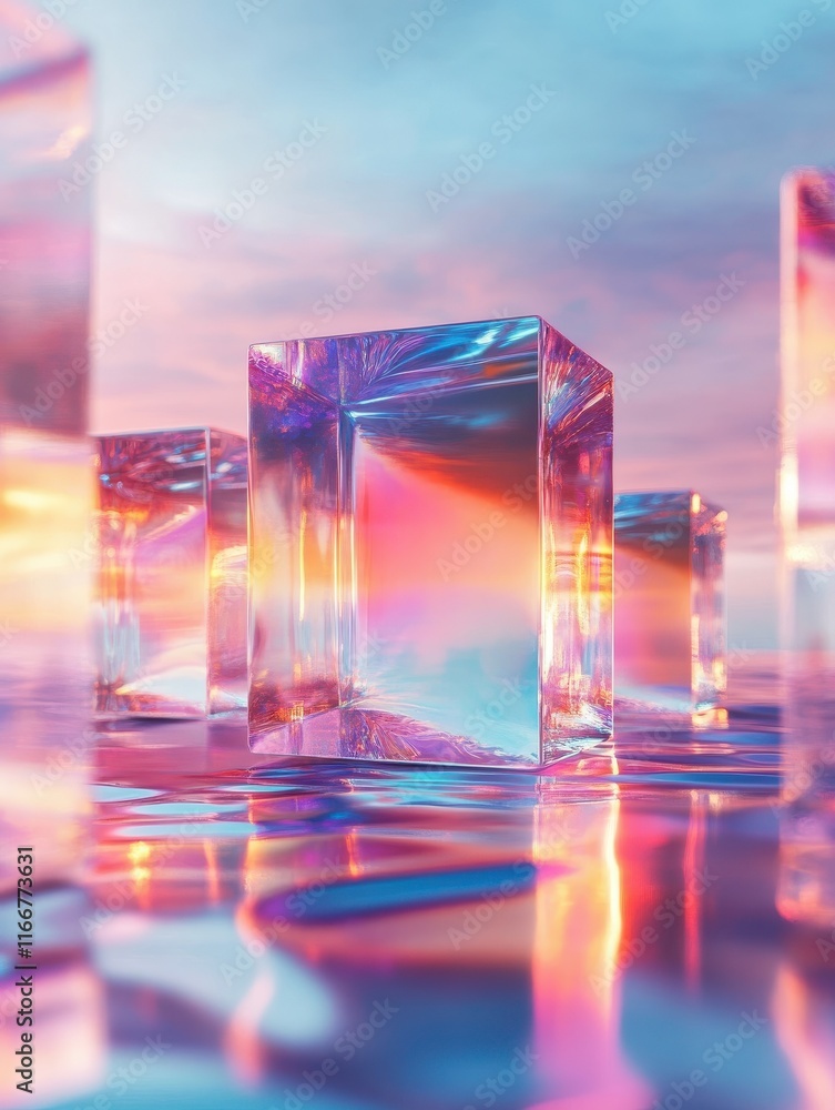 Poster holographic tech elements hovering over a muted background with gentle shadows