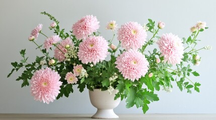 Fototapeta premium A minimal arrangement with pastel pink chrysanthemums and soft green foliage, creating a calming aesthetic