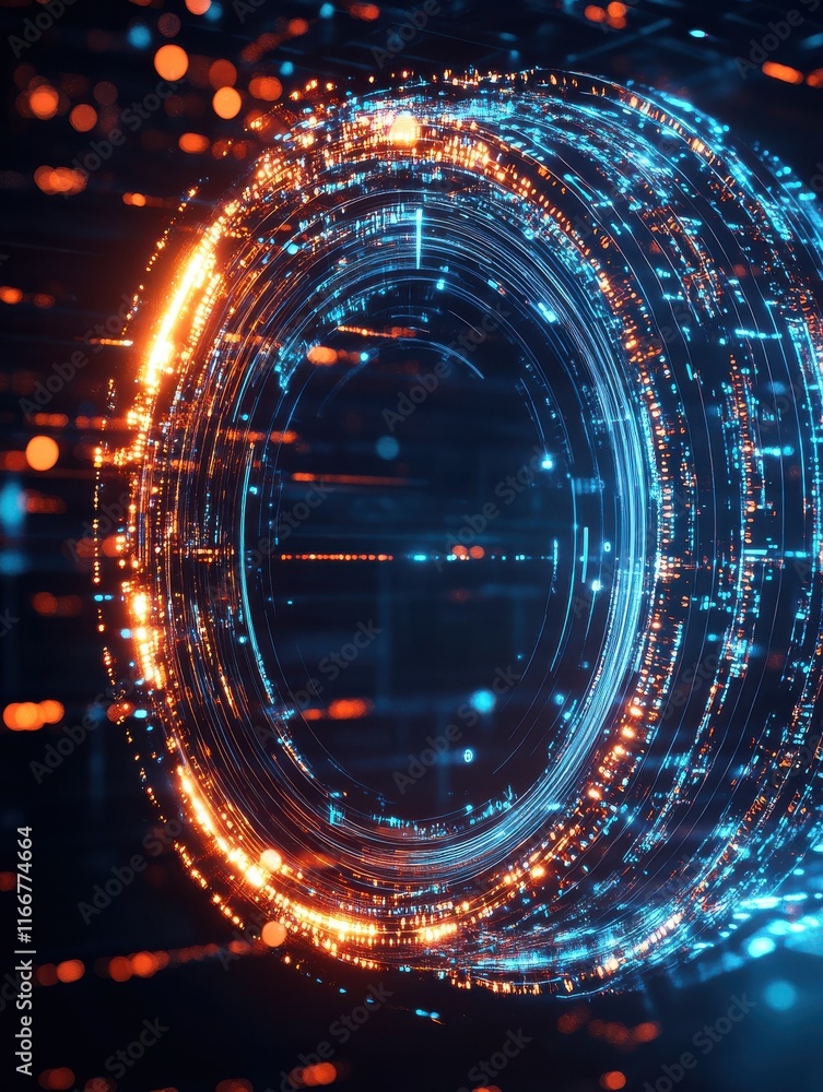 Poster abstract glowing digital circle on dark background. technology and communication concept. 3d renderi