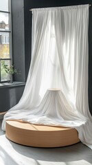 Elegant White Drape Photography Studio Backdrop with Wooden Podium
