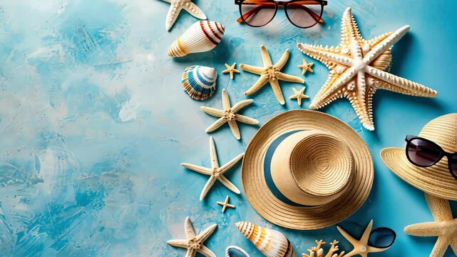 Beach accessories on a blue background