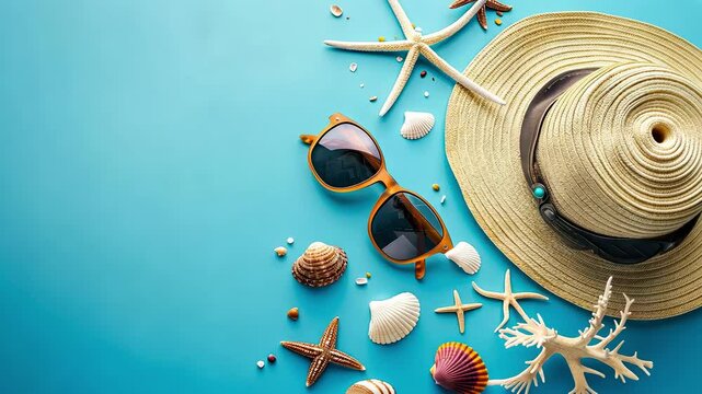 Beach accessories on a blue background