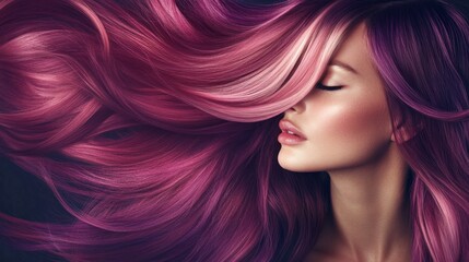 Naklejka premium woman with luxurious, long hair styled in voluminous waves, displaying a seamless blend of hues from shatush and balayage coloring, with a serene expression and a simple
