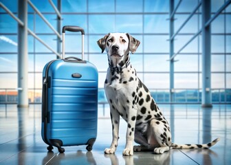 Adorable Dalmatian & Cat Airport Companions: Blue Suitcase, Travel Fun