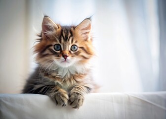 Adorable Kitten Perched Above Blank White Banner - Perfect for Pet Adoption or Announcement