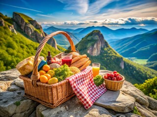 Aerial View Mountain Picnic: Gourmet Food Basket on Alpine Peak, Isolated