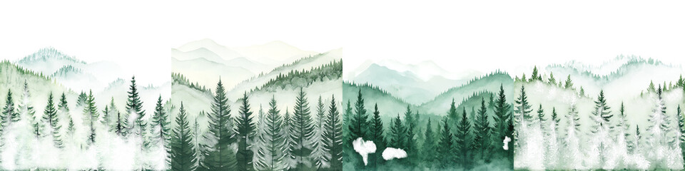 Fototapeta premium Breathtaking misty mountain landscape with a dense evergreen forest towering peaks and a serene tranquil atmosphere This picturesque scene captures the beauty and splendor of the great outdoors