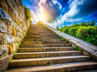 Obraz premium Ancient Stone Staircase Leading Upward, Copy Space Left, Rustic Pathway, Outdoor Architecture