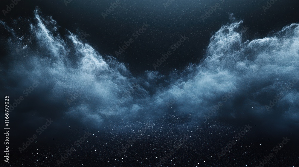 Poster black matte textured background with floating dust particles illuminated by soft light in the top ri