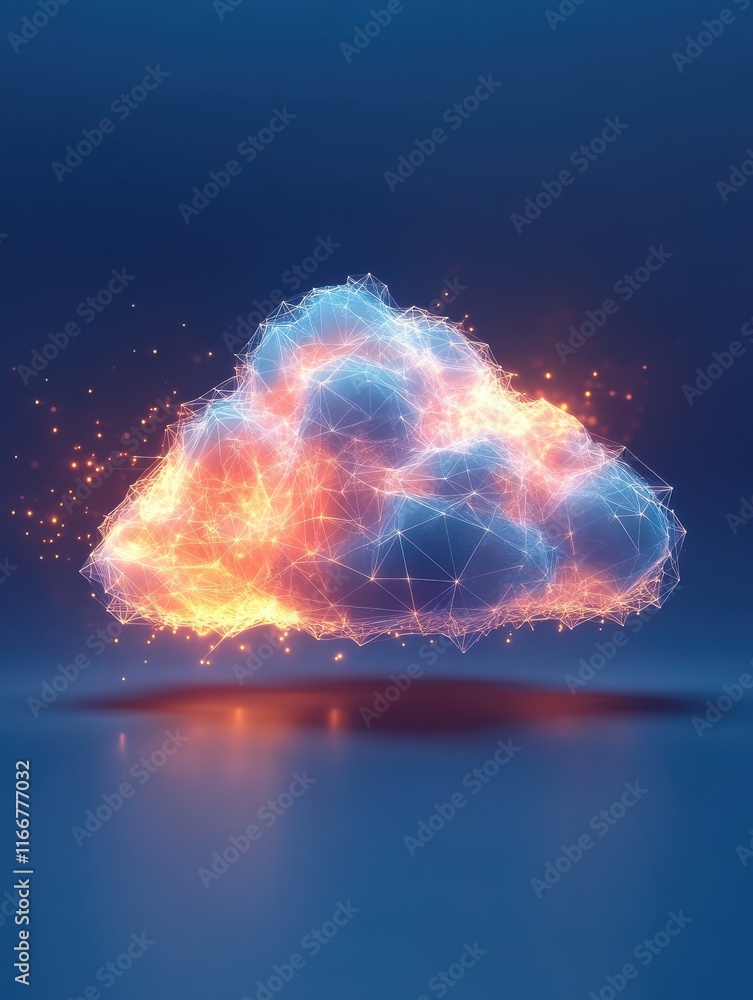 Poster creative glowing polygonal cloud on blue background. cloud computing and data concept. 3d rendering.