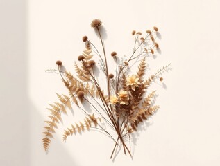 Obraz premium Dried ferns and delicate flowers arranged on a creamy-white background. Soft natural light, emphasizing shadows and details