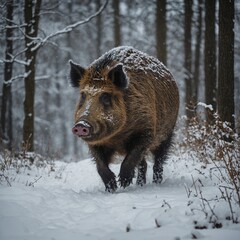 "A wild boar navigating through the snow in the forest."