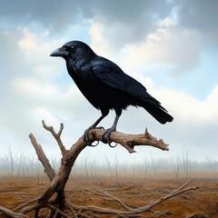 Obraz premium Black crow perched on a dry, twisted branch in a barren landscape under a cloudy sky.