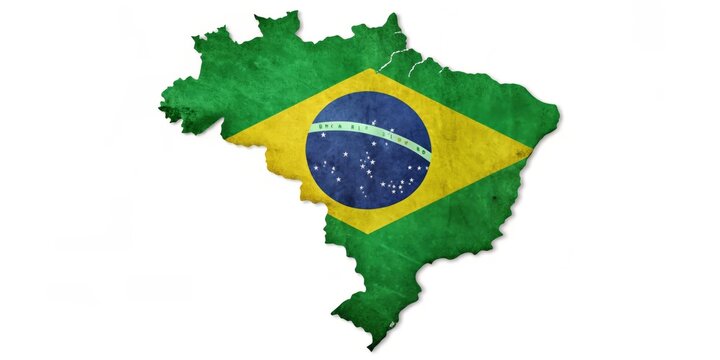 Brazil Map Silhouette with Flag, Minimalist Style, White Background Stock Photo