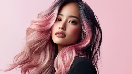Fototapeta premium woman with luxurious, long hair styled in voluminous waves, displaying a seamless blend of hues from shatush and balayage coloring, with a serene expression and a simple