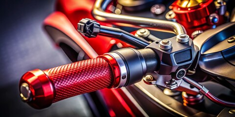 Close-up of Racing Motorcycle Controls: Throttle, Brake, and Red Start Button