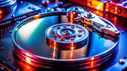 Close-up of spinning HDD hard drive with red indicator light, showcasing digital technology concept.