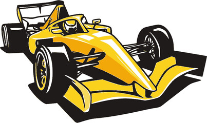 Front isometric view of a yellow formula 1 car vector icon isolated on a transparent background.