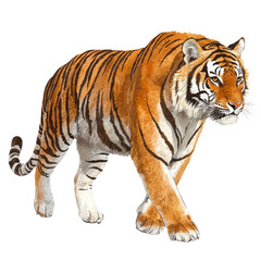 Fototapeta premium A majestic tiger walks gracefully, showcasing its striking orange fur and bold black stripes.
