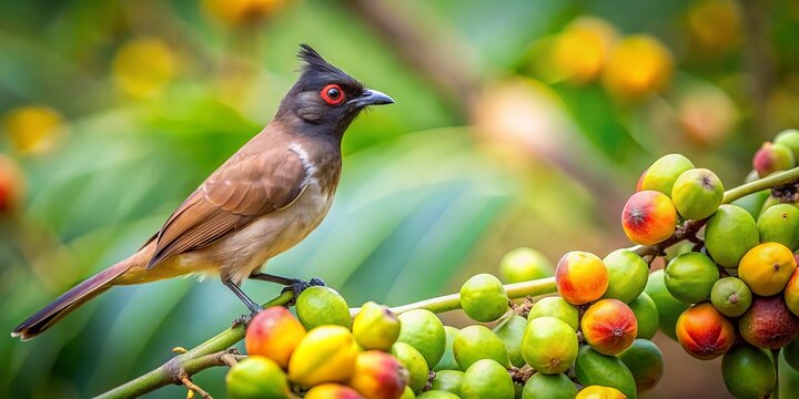 Common Bulbul Bird on Ficus Tree Branch with Figs - Stock Photo